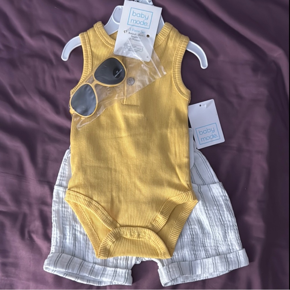 Baby Bodysuit with Striped Shorts and Sunglasses